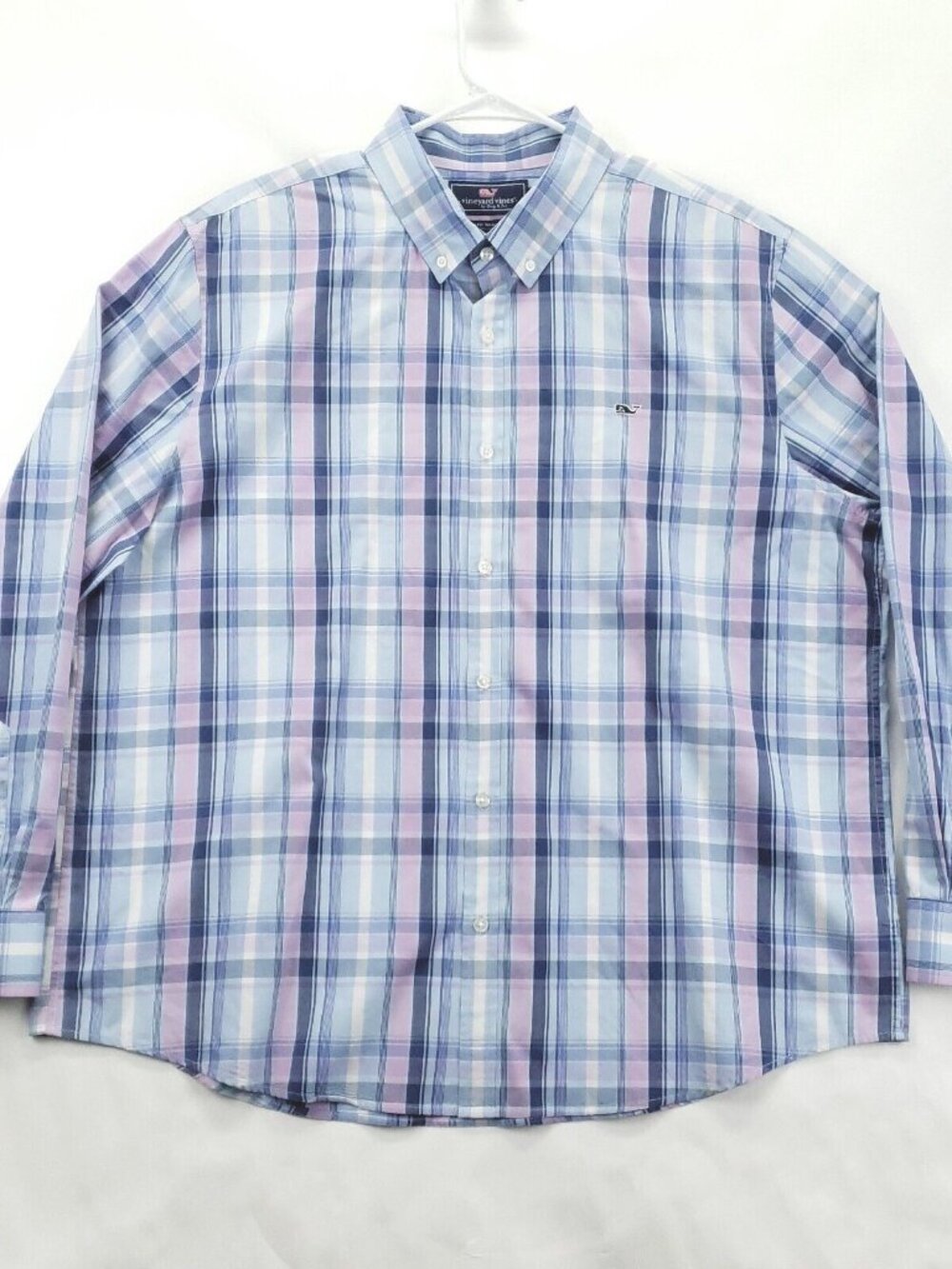 Vineyard Vines Whale Shirt Mens 2XL Blue Pink Plaid Cotton Slim Fit Button-Down